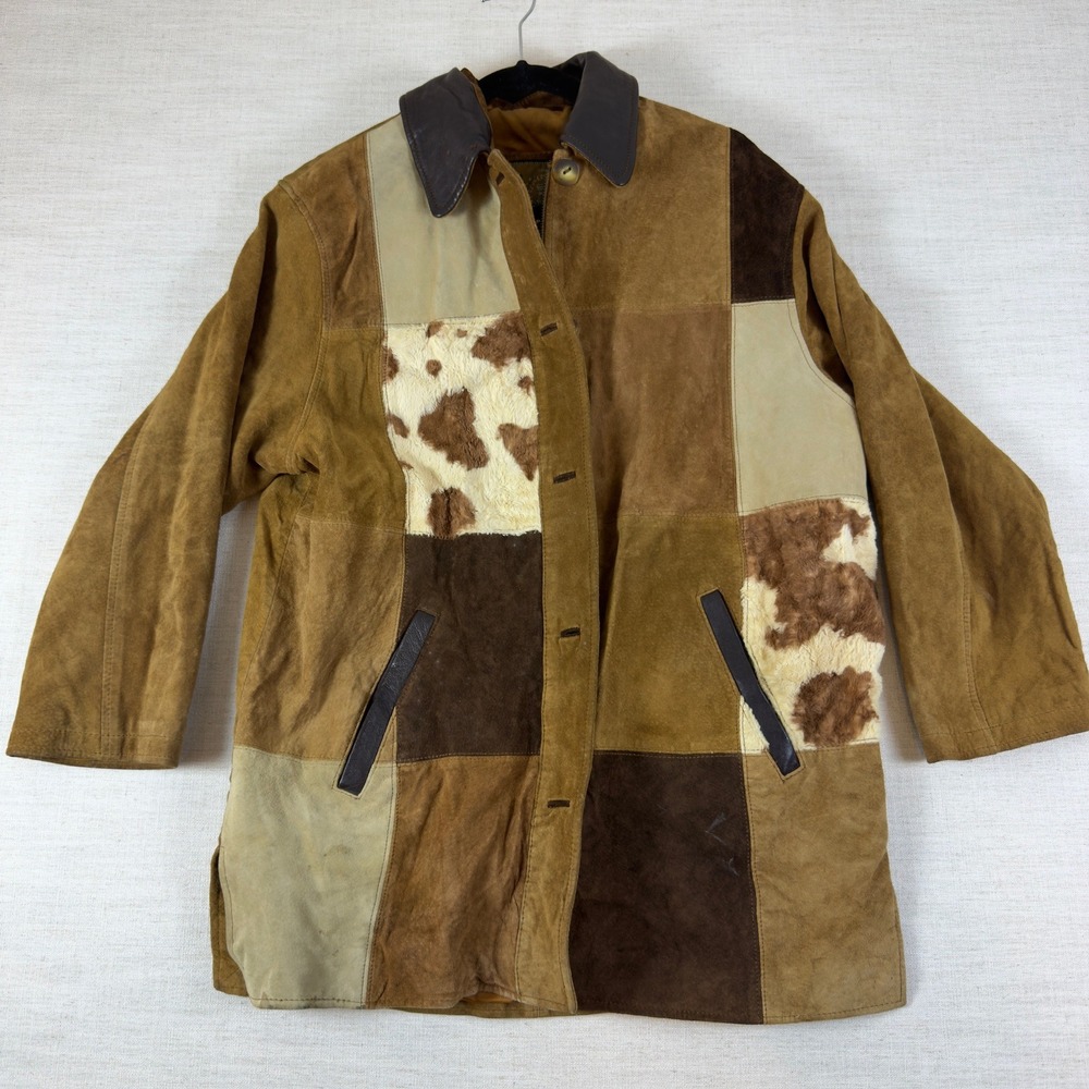 Express Avenue De L'Opera Vintage Patchwork Leather Cow Print Jacket Brown 40